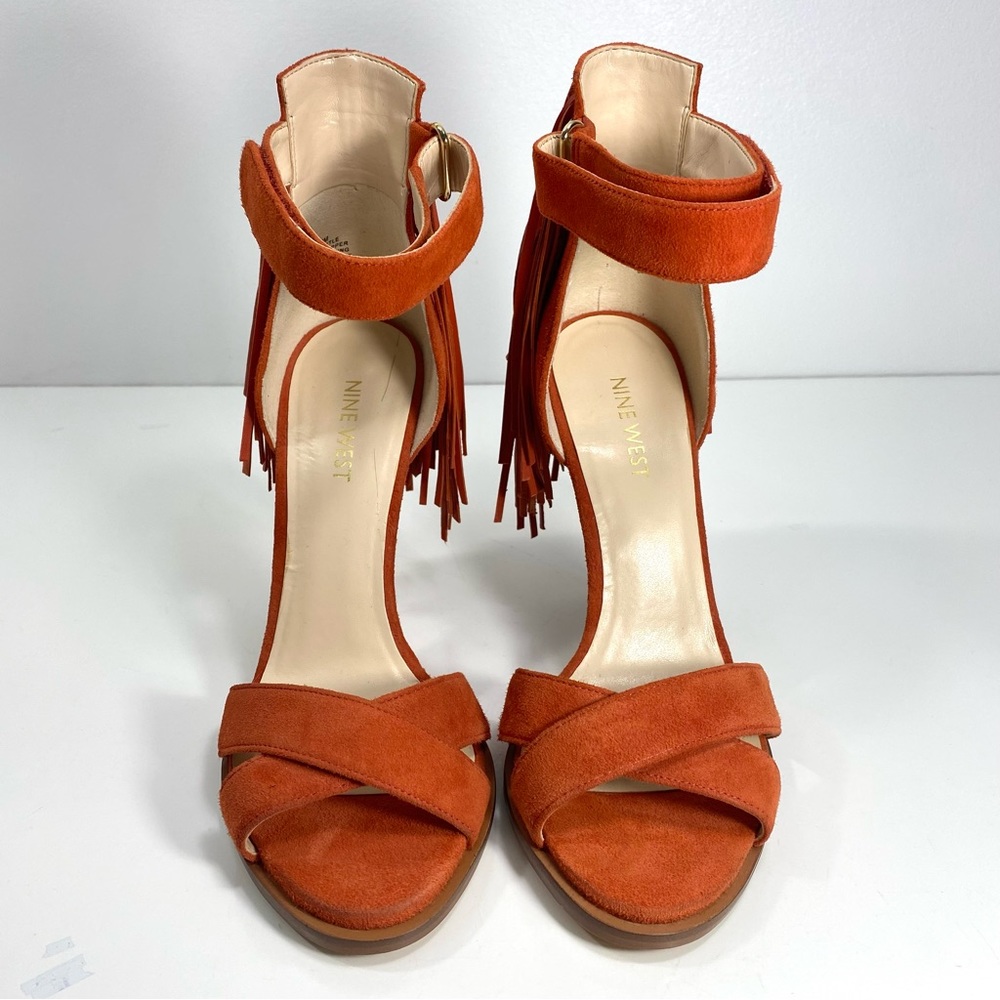 Nine West Hustle Orange Suede Leather Fringe Strappy Stilettos Heels Sandals 7 - Picture 6 of 12